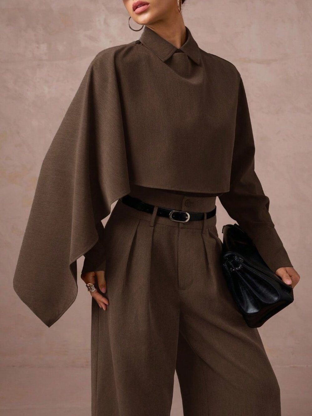 Coffee Brown Elegant Women's Asymmetrical Button Belted Cloak Cape Jacket